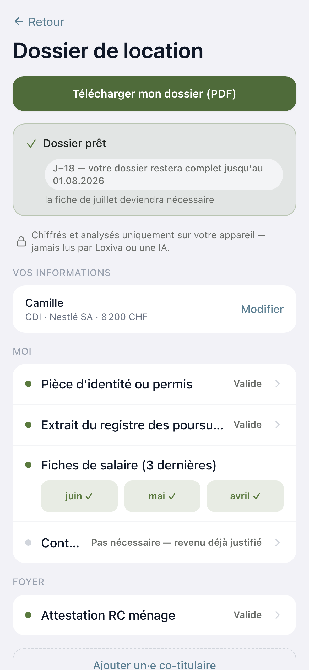 Le dossier de location dans Loxiva : pièces réunies, statut « prêt à envoyer »
