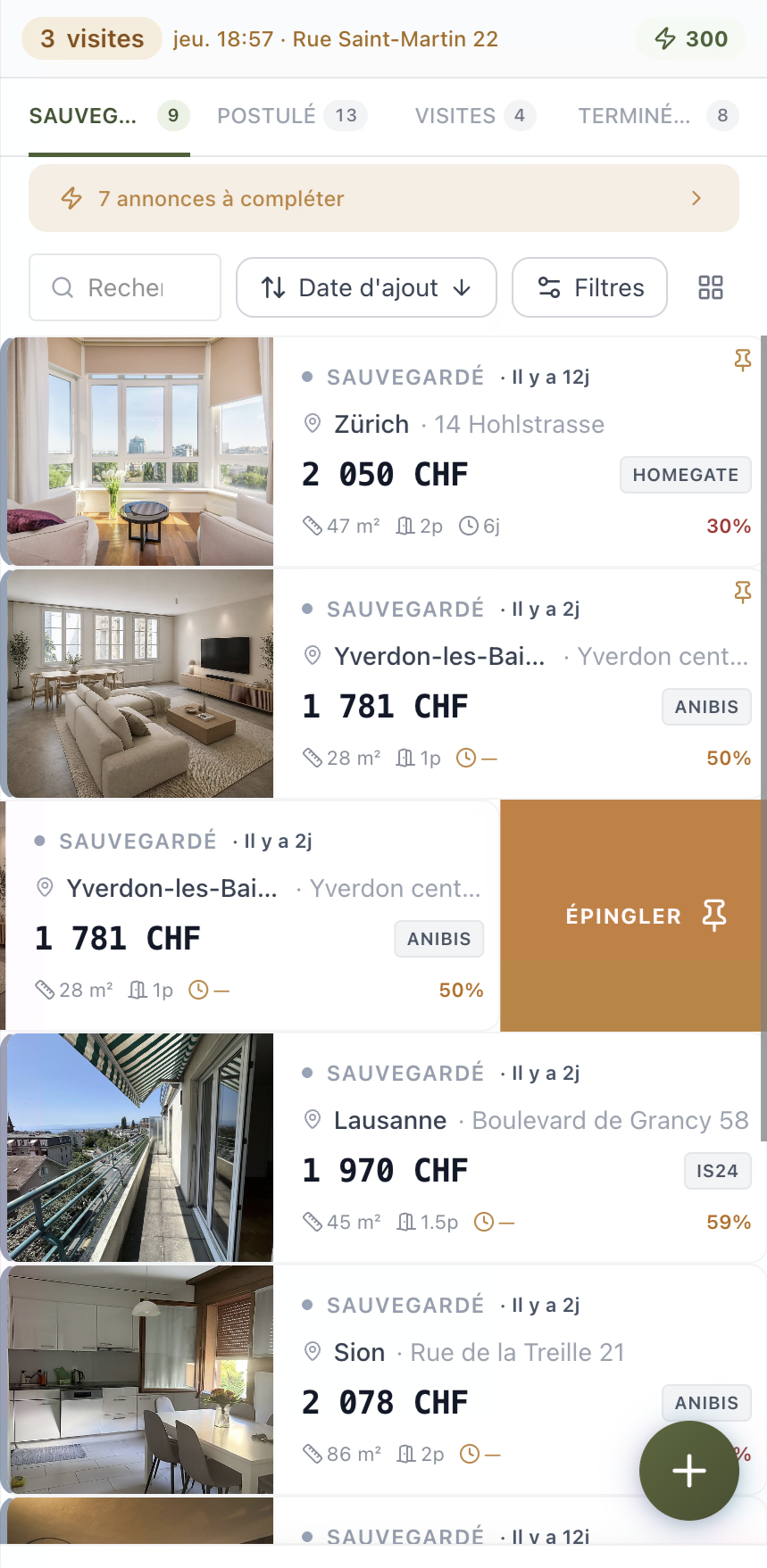 Geste rapide : glisser une annonce révèle les actions (épingler, postuler, visite)