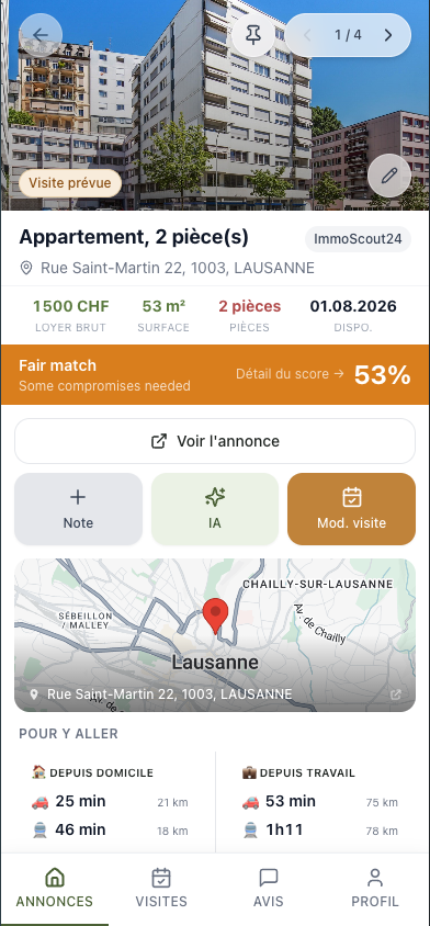 Temps de trajet depuis le domicile et le travail sur une annonce Loxiva